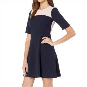 Vince Camuto Crepe Elbow Sleeve Color Block Navy and Pink Dress
